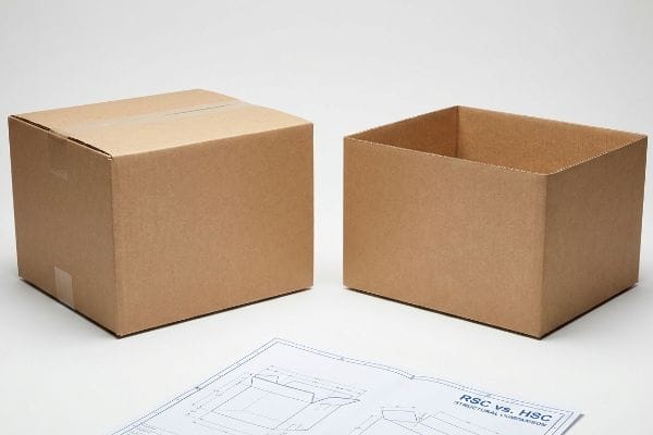 Brown corrugated cardboard boxes, one sealed RSC and one open-top HSC, with a blueprint showing 'RSC Vs. HSC Structural Comparison'.