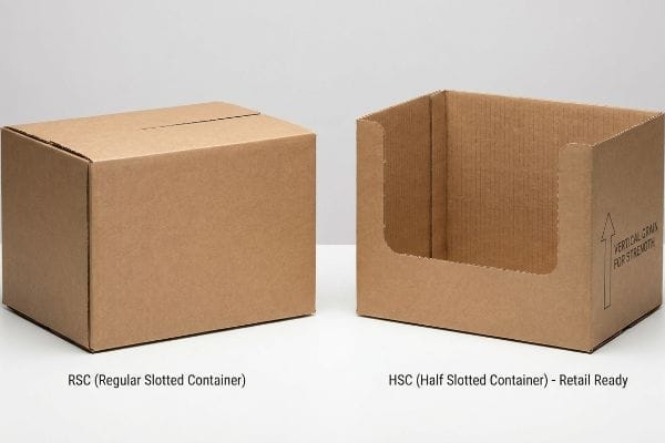 RSC vs HSC Boxes Braune, gewellte RSC- und offene HSC-Verkaufsfertigkartons mit dem Aufdruck „Vertikale Maserung für mehr Stabilität“.