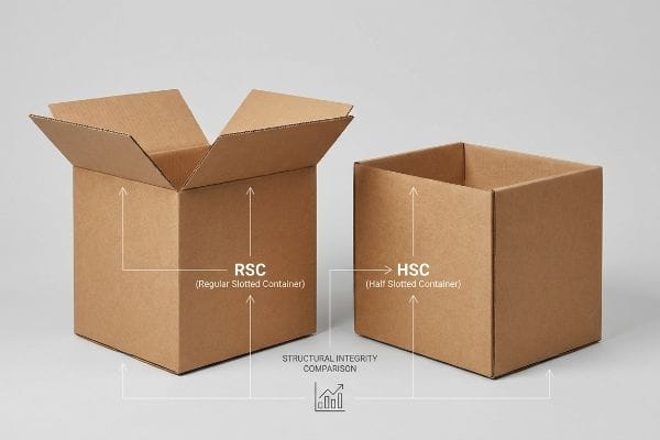 Brown corrugated boxes, an open Regular Slotted Container (RSC) with top flaps and a Half Slotted Container (HSC) without, for structural integrity comparison.
