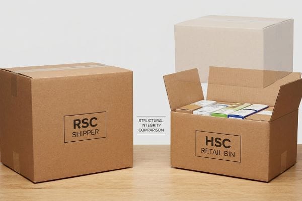 Brown corrugated cardboard boxes, an RSC Shipper and an open HSC Retail Bin with products, illustrate a Structural Integrity Comparison.