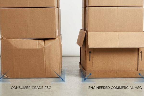 RSC vs HSC Boxes Brown corrugated cardboard boxes illustrate the difference between a Consumer-Grade Rsc with visible crushing and an Engineered Commercial Hsc with superior stacking strength.