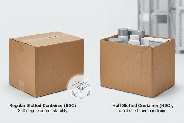 RSC Corrugated Box A closed Regular Slotted Container (RSC) of brown corrugated cardboard, highlighting 360-degree corner stability.