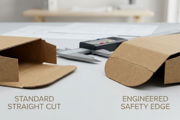 Safety Edge Comparison Brown corrugated cardboard pieces, one with a Standard Straight Cut and another with an Engineered Safety Edge, alongside a digital caliper.