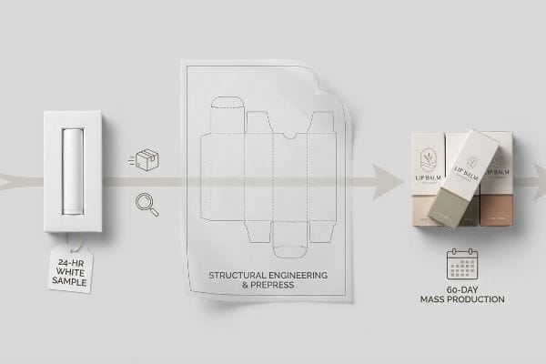 Lip Balm Packaging Process Visualizing custom lip balm packaging production: 24-hour white sample, structural engineering prepress, and 60-day mass production of branded Lip Balm boxes.