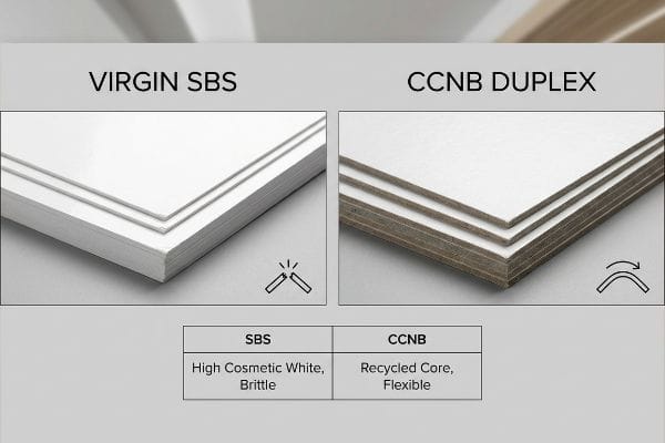 Stacks of Virgin SBS paperboard, high cosmetic white and brittle, contrasted with CCNB Duplex board, featuring a recycled core and flexible properties.