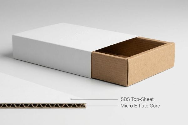 Sleeve Box Material Structure White sleeve box and brown corrugated tray, with a cross-section showing SBS Top-Sheet and Micro E-flute Core.