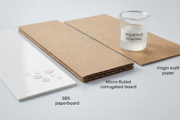 Examining SBS paperboard with water droplets, micro-fluted corrugated board, and virgin kraft paper with an Aqueous Coating beaker.