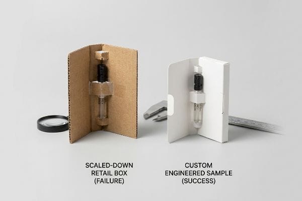 Sample Box Comparison Brown corrugated "Scaled-Down Retail Box (Failure)" and white paperboard "Custom Engineered Sample (Success)" showcase perfume vial packaging, with measurement tools.