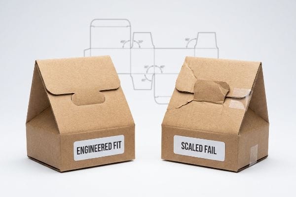 Engineered Fit vs. Scaled Fail Kraft paper boxes compare packaging design: a perfectly assembled 'Engineered Fit' box versus a torn, taped 'Scaled Fail' box, highlighting structural failure.