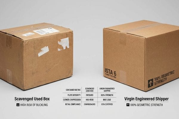 Brown corrugated boxes compare a worn 'Scavenged Used Box' with 'High Risk of Buckling' to a new 'Virgin Engineered Shipper' marked 'ISTA 6' and '100% Geometric Strength', highlighting flute integrity and corner compression differences.