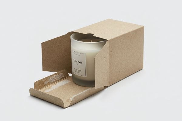 Scented Candle Packaging A frosted glass Scented Candle in a partially open brown kraft paperboard box, highlighting retail packaging for fragrance products.