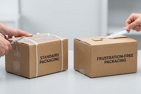 Packaging Unboxing Comparison Brown cardboard boxes compare packaging: 'Standard Packaging' with scissors cutting plastic zip-ties, versus 'Frustration-Free Packaging' with an easy tear strip.