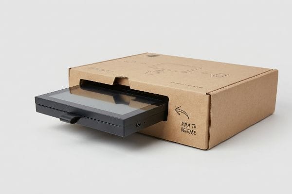 Interactive Screen Packaging Brown cardboard box with a black electronic screen partially extracted, featuring 'Push To Release' instruction.