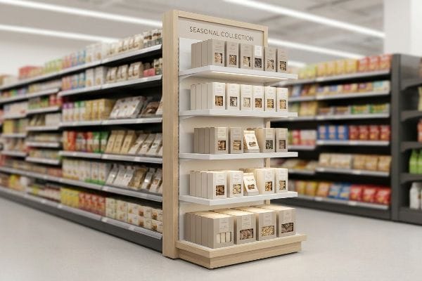 現代のスーパーマーケットの通路には、白い棚にミニマルなベージュ色の商品パッケージが並べられた「季節限定コレクション」のエンドキャップディスプレイが設置されている。.