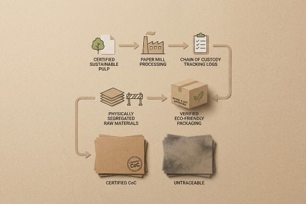 A flowchart illustrates Certified Sustainable Pulp Chain of Custody, showing Physically Segregated Raw Materials for Certified CoC packaging versus Untraceable stock.