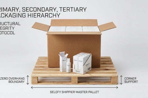 A Selefy Shipper Master Pallet illustrates Primary, Secondary, Tertiary Packaging Hierarchy with Zero Overhang Boundary and Corner Support.