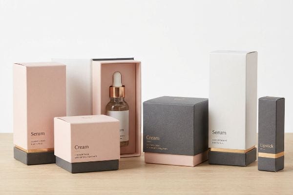 Elegant cosmetic packaging in pink, dark gray, and white for Serum, Cream, Lipstick, with gold accents and a serum dropper bottle.