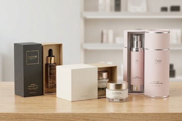 Cotion Cosmetics Packaging Display Three Cotion Cosmetics luxury packaging sets: dark grey serum bottle with gold foil, light beige night cream jar, and pink lotion dispenser with silver accents.