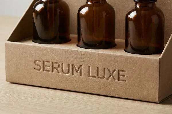 صينية من ورق الكرافت عليها نقش "Serum Luxe"، تحتوي على ثلاث زجاجات سيروم زجاجية كهرمانية اللون للعناية الفاخرة بالبشرة.