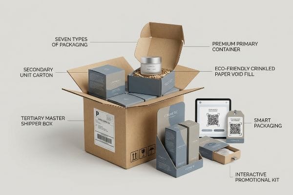 Cosmetic Packaging Types Tertiary master shipper box, 'COSMETIC' secondary cartons, primary container, eco-friendly void fill, smart packaging, interactive promotional kit.