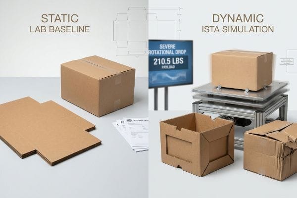 Static vs. Dynamic Testing Corrugated boxes contrasting Static Lab Baseline (flat sheet, sealed box) with Dynamic ISTA Simulation (vibration table, 'Severe Rotational Drop 210.5 Lbs Payload', damaged).