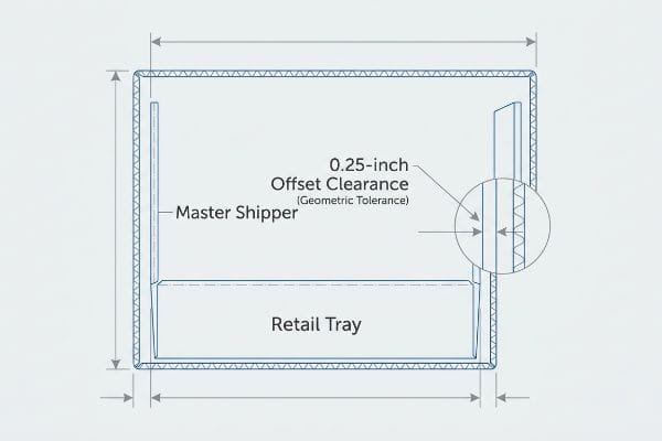 Offset Clearance Diagram Corrugated diagram shows a Retail Tray nested in a Master Shipper, detailing 0.25-inch Offset Clearance (Geometric Tolerance).