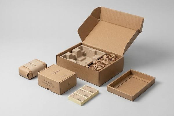 Eco-Friendly Packaging System Brown corrugated shipping box with molded pulp insert, honeycomb void fill, 'Happiest' product box, wrapped item, 'Happiest I'm For You' cards.