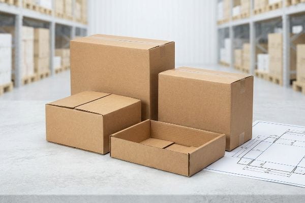 Entwurf für verschiedene Versandkartonarten In einem Lagerhaus sind verschiedene braune Versandkartons aus Pappe ausgestellt, darunter auch ein Teleskoptablett, zusammen mit einer Zeichnung des Kartons.