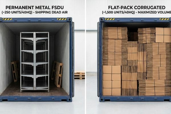 Permanent Metal FSDU (250 Einheiten/40HQ) – Transport von Luftblasen im Vergleich zu Flat-Pack Corrugated (1.500 Einheiten/40HQ) – Maximierung des Volumens in Containern.