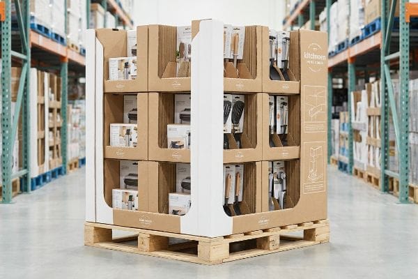 Shop-Through Pallet Display Natural brown corrugated cardboard pallet display with shop-through windows showcasing Kitchen Home Goods utensils on a wooden pallet in a warehouse.