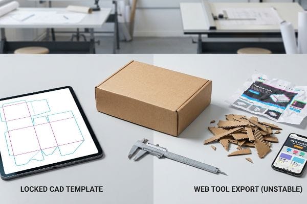 CAD Dieline Stability Locked CAD Template dieline on tablet and stable box, versus Unstable Web Tool Export with shredded cardboard.