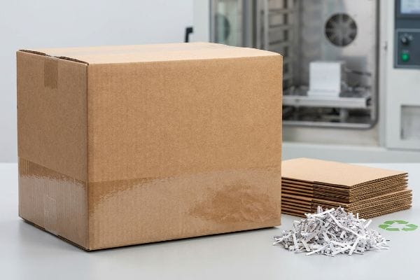 Corrugated Box Recycling Brown corrugated box, flat-pack cardboard sheets, shredded paper, and a green recycling symbol, with an environmental chamber in the background.