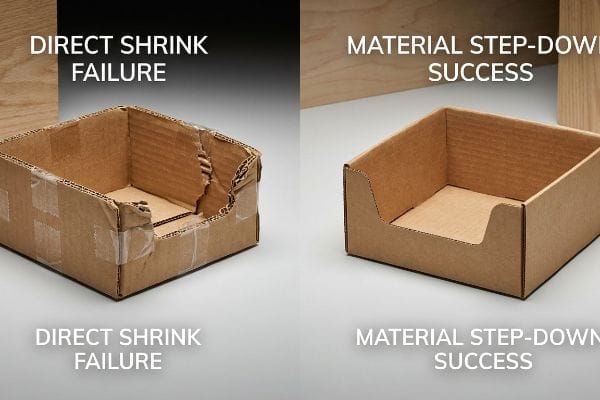 Shrink Failure, Step-Down Success Brown corrugated cardboard boxes illustrate Direct Shrink Failure with a torn edge versus Material Step-Down Success with a clean, intact design.