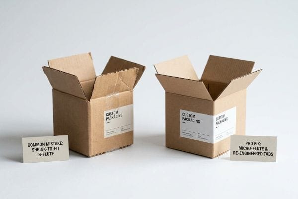 収縮成形Bフルート 段ボール製品向けの「よくある間違い:Bフルートを縮尺に合わせて梱包する」という説明が記載されたカードが入った、茶色の特注梱包箱。.