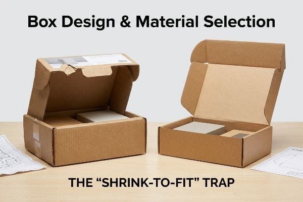 Brown corrugated boxes for 'Box Design & Material Selection' illustrate 'The 'Shrink-to-Fit' Trap' with inserts and design blueprints.
