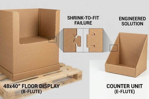 Brown corrugated displays: 48x40 Floor Display (B-Flute) with Shrink-To-Fit Failure, and E-Flute Counter Unit with Engineered Solution.