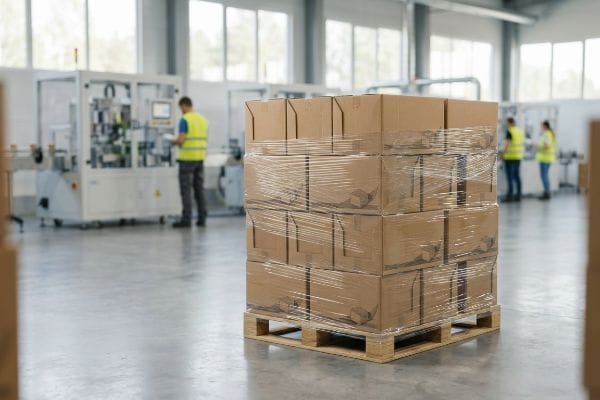 Shrink-wrapped retail display boxes stacked on a wooden pallet in a manufacturing warehouse, with workers operating machinery.