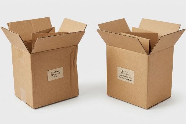 Corrugated Box Comparison Two open, empty corrugated boxes: a Single Wall Corrugated Box and a Double Wall Micro-Flute Corrugated Box, both made from Premium Kraft paper.
