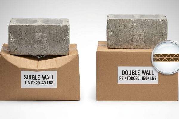 Box Strength Comparison Single-wall cardboard box (20-40 Lbs) buckling under a concrete block, next to a stable double-wall reinforced box (150+ Lbs).