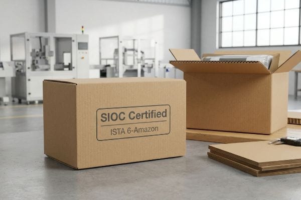 Amazon SIOC Certified Packaging Corrugated SIOC Certified box, ISTA 6-Amazon stamped, on a concrete floor in a warehouse, alongside an open package.