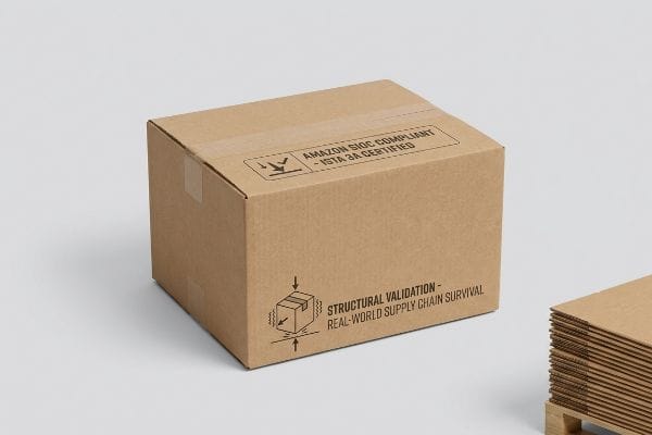 Amazon SIOC Certified Box Brown cardboard box, Amazon Sioc Compliant, Ista 3a Certified, with Structural Validation for Real-World Supply Chain Survival markings.