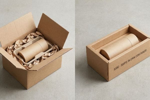 SIOC Packaging Solutions Two brown cardboard boxes showcase frustration-free packaging: one with a product in a molded pulp tray, the other marked 'SIOC - Ships In Own Container'.