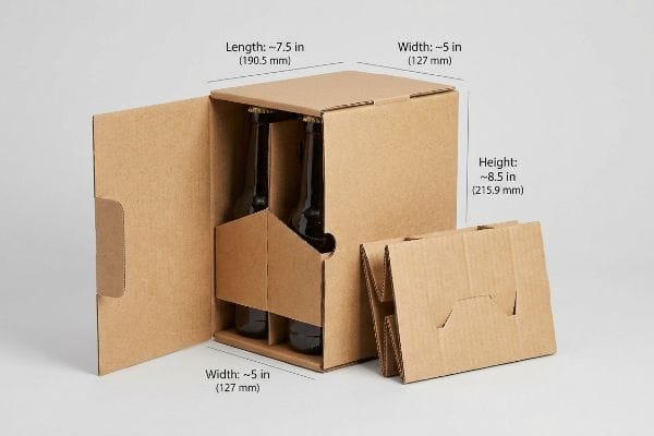 茶色の段ボール製ビールボトル6本用キャリア。ボトル2本と内部仕切り付き。寸法：長さ約7.5インチ、幅約5インチ、高さ約8.5インチ。.