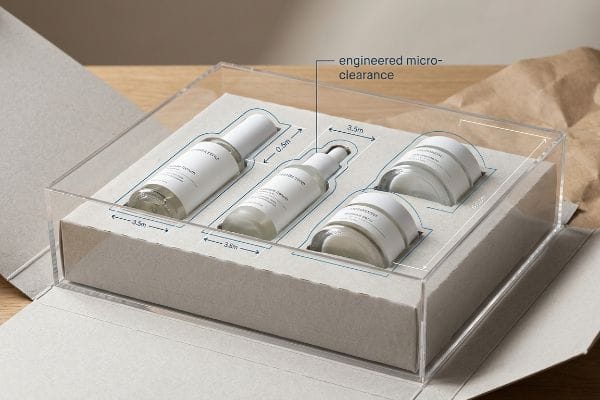 Skincare products in a clear acrylic box with a grey secondary tray, featuring engineered micro-clearance and dimensions like 0.5m, 3.5m, 3.8m, 6.0m.