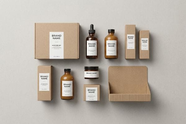 Custom cosmetic packaging flat lay: kraft boxes, amber bottles, corrugated display, branded 'Brand Name' Skincare Set.