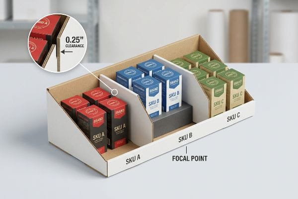 Liquidation des références d'affichage en magasin Présentoir de vente au détail en carton ondulé présentant trois références de produits : boîtes rouges « Marque » (référence A), boîtes bleues « Marque » (référence B) et boîtes vertes « Marque » (référence C), avec un espacement de 0,25 pouce.