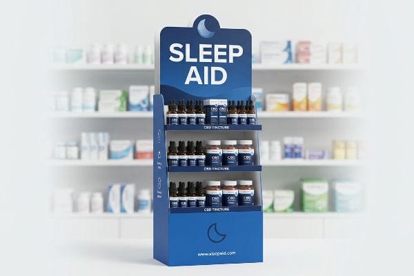 CBD-Display für Schlafmittel Dreistufiges Display aus blauem Karton für Sleep Aid CBD Tincture mit Halbmond-Logo und der Adresse www.sleepaid.com.