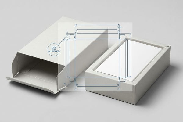 Sleeve Box Dieline Allowance A white sleeve box dieline overlaid on two open boxes, highlighting the 3 mm bend allowance for structural design.