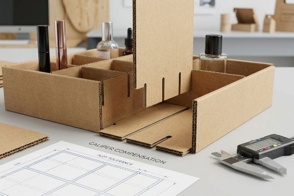 Caliper Compensation Organizer Design E-flute cardboard cosmetics organizer with internal dividers, a blueprint for Caliper Compensation and Slot Tolerance, and a digital caliper.