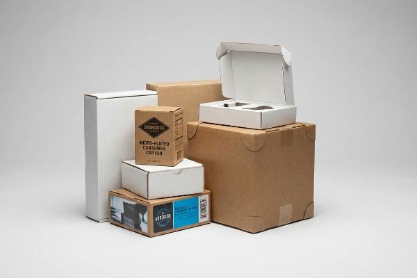Diverse Custom Box Packaging A collection of custom boxes, including a Smardick Micro-Fluted Consumer Carton, an Everbrick branded box, and an open white corrugated box.